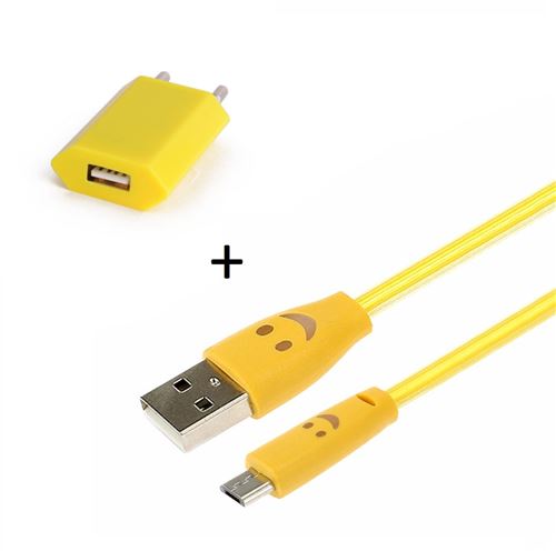 Pack Chargeur Pour Samsung Galaxy J5 2016 Smartphone Micro Usb (cable Smiley Led + Prise Secteur Usb) Android Connecteur (jaune)