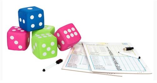 Jeu de dés géants 8 cm (5 dés, 2 grilles effaçables, 2 feutres)