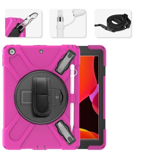 Coque en TPU Hybride en forme de X avec deux types de béquille, dragonne et porte-stylet rose pour votre Apple iPad 10.2 (2019)