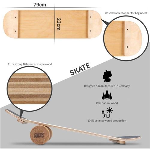 Indoorboard skate planche d'équilibre + tapis + rouleau bois / liège noir