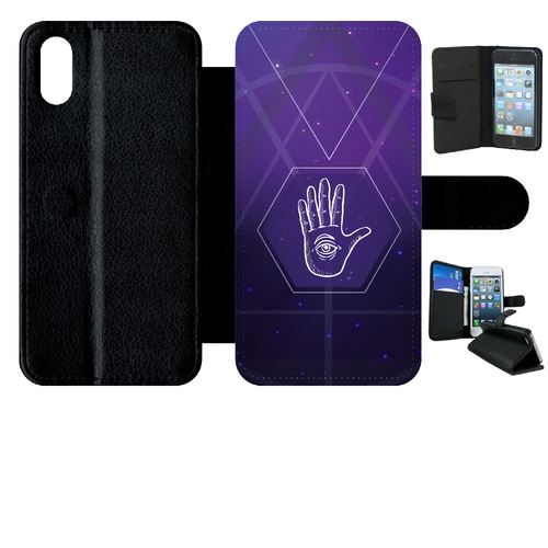 Etui My-Kase pour iPhone X - main galaxy fond mauve - Simili-cuir Noir