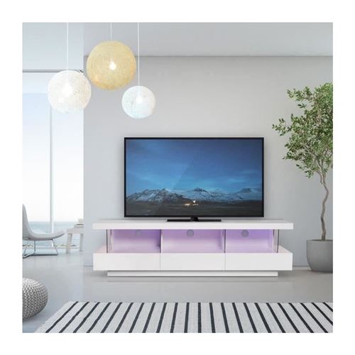 BLUE LIGHT Meuble TV 3 tiroirs et luminaire led - Blanc - L 160 x P 39 x H 45 cm