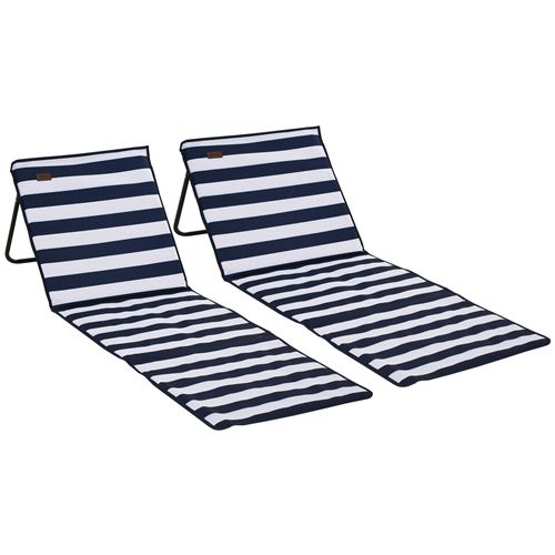 Lot de 2 tapis de plage rembourrés pliables - matelas de plage - dossier inclinable, rangement - métal polyester blanc bleu
