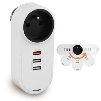 Multiprise Murale FISHTEC Fiche Pivotante 180 Degres 3 Ports USB Charge Rapide QC3.0 Puissance 3680W - 1