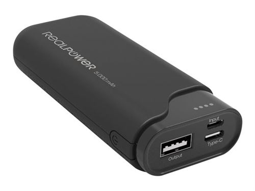 Realpower PB-5000C - Banque d'alimentation - 5000 mAh - 18 Wh - 2.1 A - 2 connecteurs de sortie (USB, USB-C) - sur le câble : Micro-USB, USB-C - noir