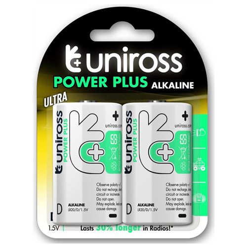 UNIROSS Pack de 2 Piles Alcalines D-LR20 Power Plus 1,5V