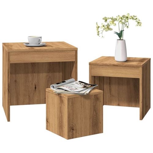VIDAXL - Ensemble de 3 Tables Gigognes - Style Artisanal - Bois d'Ingénierie - Chêne - Image 2