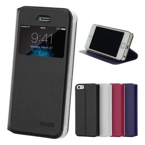 doupi Deluxe FlipCover pour iPhone 5 5S SE, avec fenêtre magnétique Book Style protection écran stand Protecteur d'écran Case, noir