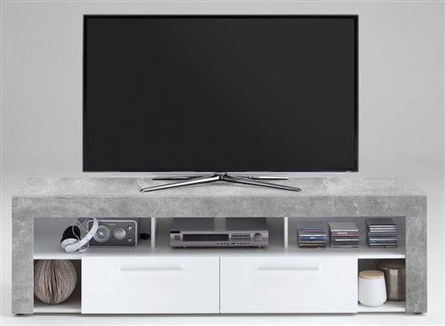 Meuble TV de 2 tiroirs et 6 niches coloris Gris béton LA / blanc - L180 x H53 x P41 cm -PEGANE-