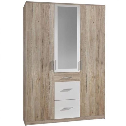 Armoire VOLVERINE 2 portes chêne 1 porte miroir rechampi blanc