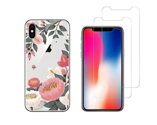 iPhone 10 iPhone X - Combo (1 coque + 2 verres trempés ) Coque Gel transparente et solide anti choc + 2 films en verre trempé (Grosse Fleur)