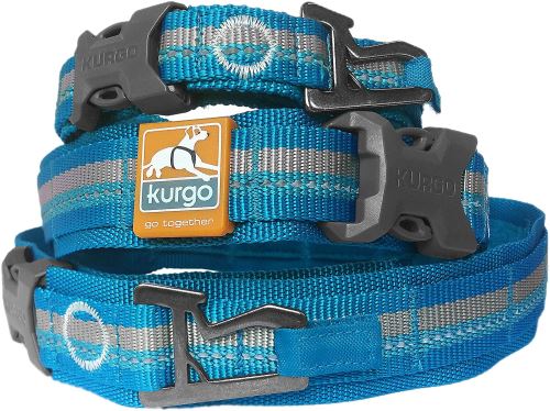 Kurgo Collier pour chien RSG, collier extra large pour chien, confortable, réglable, réfléchissant, boucles à dégagement rapide, compatible MOLLE, décapsuleur, bleu / gris, petit