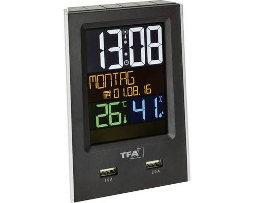 TFA-Dostmann Charge de it Réveil radio-piloté avec affichage de fonction de charge USB, plastique, noir, 9 x 6 x 13 cm