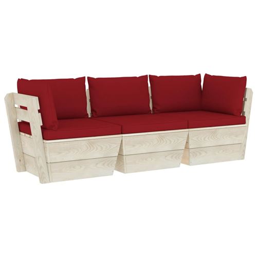 Canapé Palette à 3 Places de Jardin avec Coussins en Polyester - Rouge