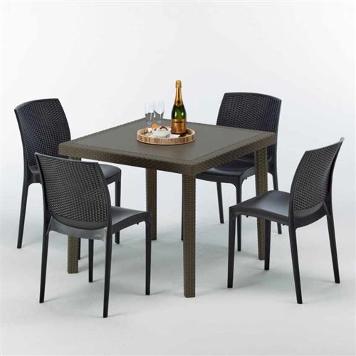 Table carrée et 4 chaises colorées Poly-rotin résine 90x90 marron, Chaises Modèle: Boheme Anthracite noir