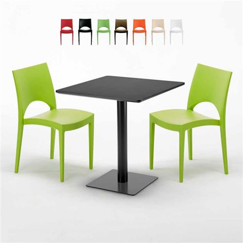 Table carrée noire 70x70 avec 2 chaises colorées Paris Kiwi, Couleur: Vert