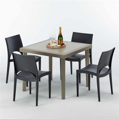 Grand Soleil - Table carrée beige + 4 chaises colorées Poly rotin synthétique Elegance, Chaises Modèle: Paris Noir anthracite