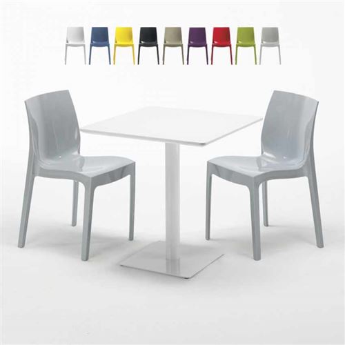 Table carrée 70x70 blanche avec 2 chaises colorées Ice Meringue, Couleur: Gris