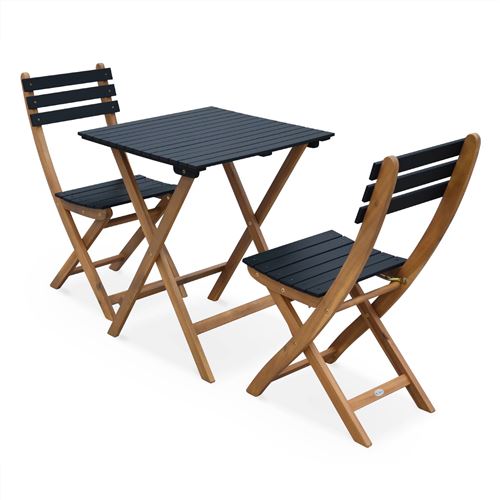 Table de jardin bistrot en bois 60x60cm - Barcelona Bois / Noir - pliante bicolore carrée en acacia avec 2 chaises pliables