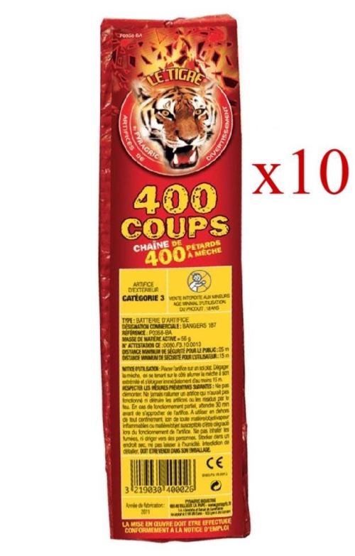 400 coups –lot de 10 chaines de 400 pétards à mèche le tigre pyragric reliés en batterie soumis a registre