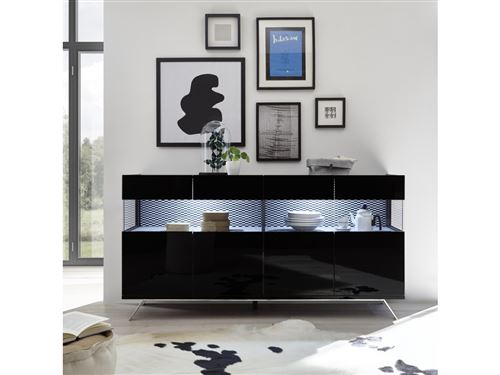 SUBLEEM Buffet 4 portes Enna noir laqué brillantavec tissu noir et blanc