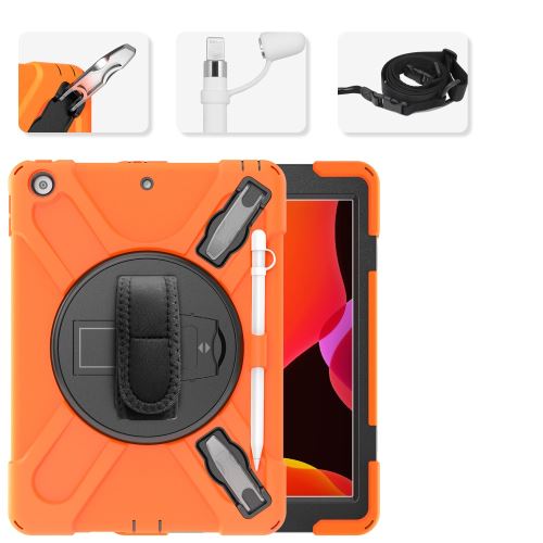 Coque en TPU Hybride en forme de X avec deux types de béquille, dragonne et porte-stylet orange pour votre Apple iPad 10.2 (2019)