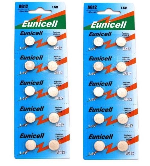 Eunicell AG12 Lot de 20 piles bouton alcalines G12/LR43/LR43SW/LR1142 LR1142SW SR1142W de type 301/386