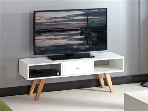 Meuble TV 1 tiroir 2 niches en bois Longueur 117 cm NORA - Blanc / Hêtre