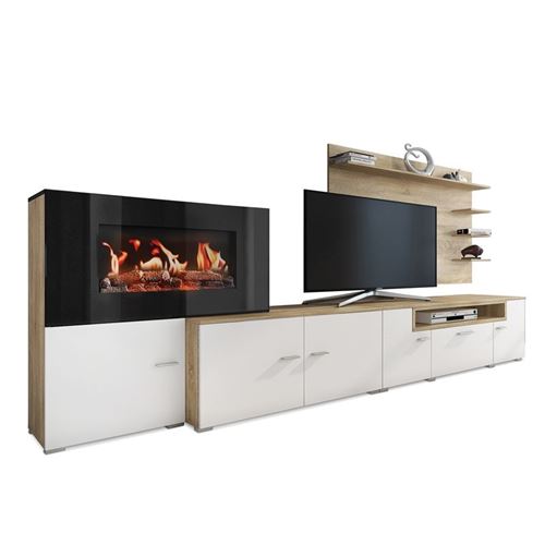 Meuble cheminée électrique, Blanc/chêne clair