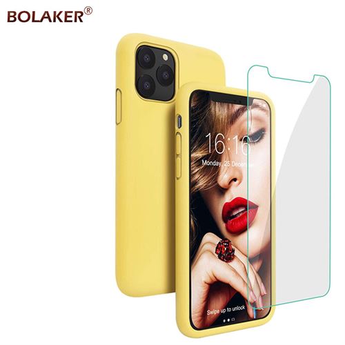 Coque en silicone BOLAKER® pour iPhone 11 Pro Max Jaune + 1 Pièces Verre trempé écran