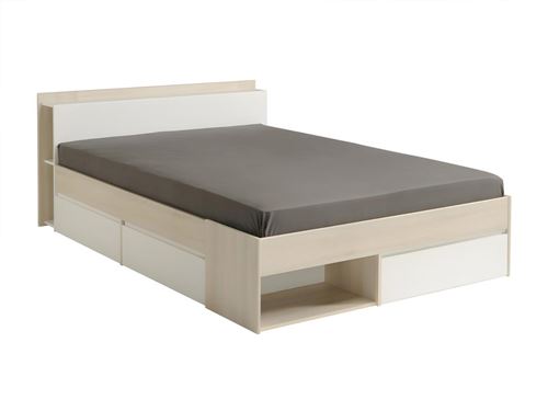 Lit DEBAR avec rangements et tiroirs - modulable 140*190cm ou 140*200 cm - Acacia et blanc