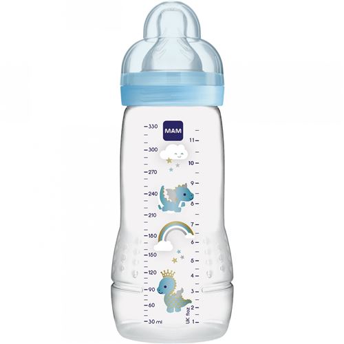 Mam biberon 2ème âge décoré - 330ml - à partir de 6 mois - tétine débit x - bleu