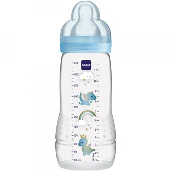 MAM Biberon 2ème âge Décoré - 330ml - à partir de 6 mois - Tétine Débit X -  Bleu