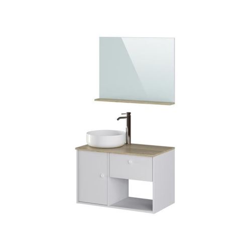 Meuble salle de bain avec vasque + miroir - 1 tiroir 1 portes - Decor chene et blanc - L 80 x P 46 x H 63 cm - LARS