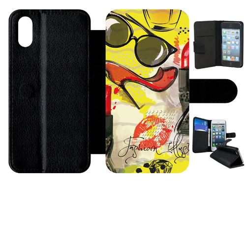 Etui My-Kase pour iPhone X - motif girly fond jaune - Simili-cuir Noir