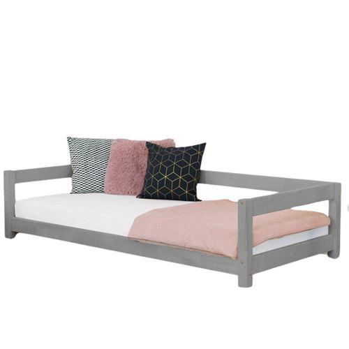 Lit Montessori enfant bois massif gris 90 x 190 cm