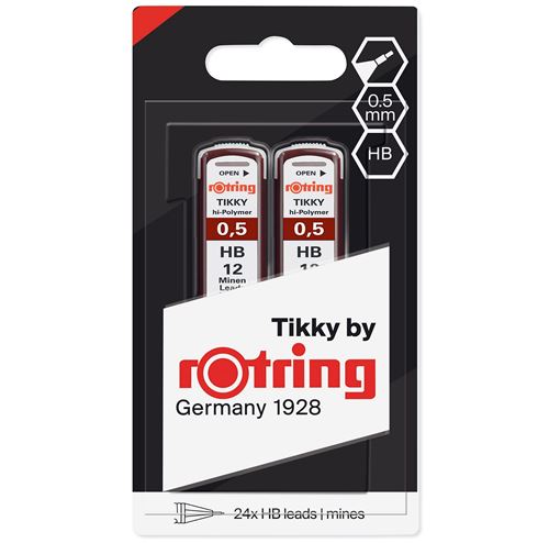 rOtring Tikky Recharge mines pour porte-mine, 0,5mm, HB, lot de 2 étuis de 12 mines