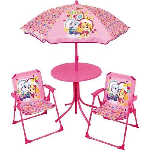 FUN HOUSE PATPATROUILLE Salon de jardin - 1 table 46xo46 cm, 2 chaises H.53xl.38,5xP.37,5cm et 1 parasol