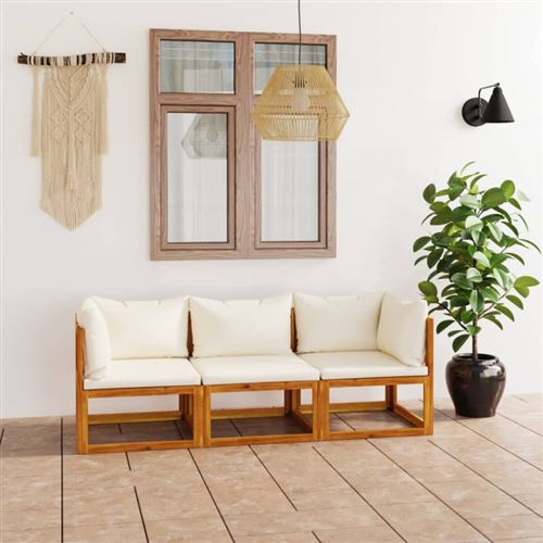 Canapé de jardin à 3 places avec coussin Crème Bois d acacia