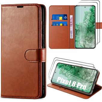 2 Verres Trempés + Coque pour Google Pixel 8 Pro, Coque Portefeuille Anti-Rayure Effet Cuir Marron - BOOLING - 1