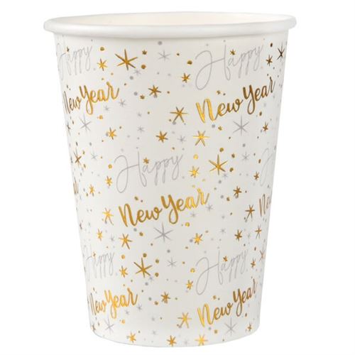 Gobelet carton Happy New Year blanc et doré or métal 27 cl (x10) REF/7712 Fête Bonne année - Santex