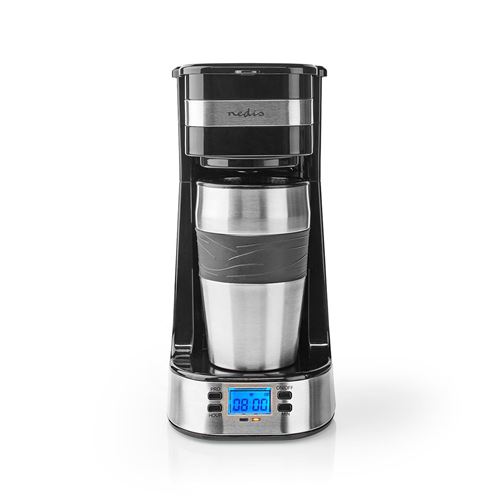Nedis Single Serve 1 Cup Coffee Maker Digital Machine and Double Wall Insulated Travel Mug, with Timer, Stainless Steel, 420ml, Black