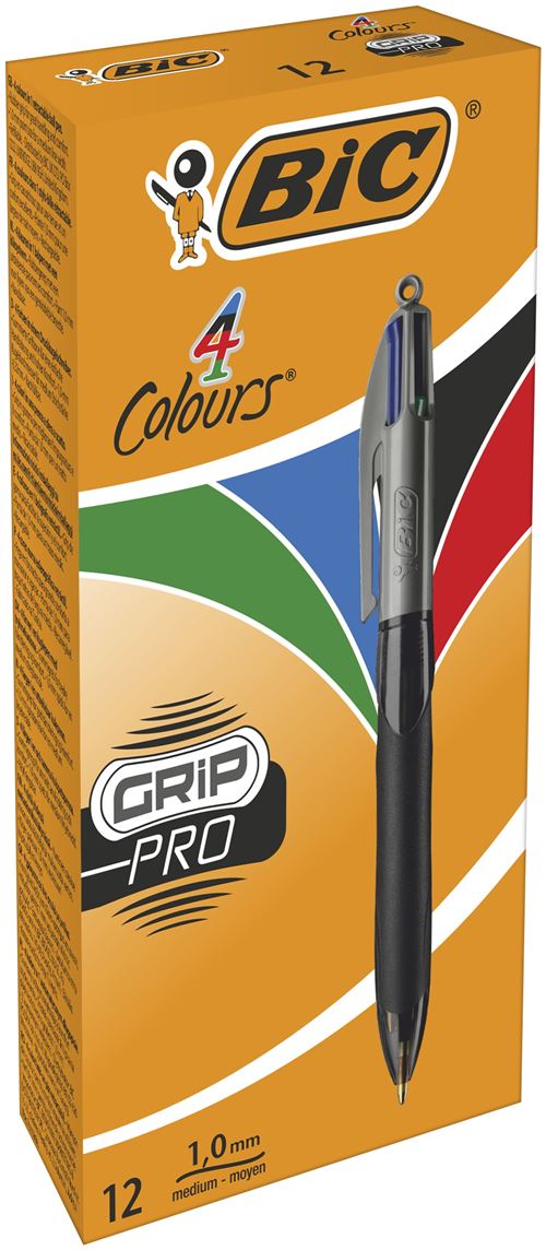 Bic 4 Couleurs Grip Pro Stylos-Bille Rétractables Pointe Moyenne (1,0 Mm) - Boîte De 12