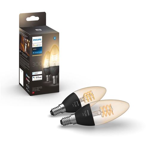 Pack de 2 ampoules connectées Philips Hue White E14 Filament Flamme 4.5W Transparent et noir