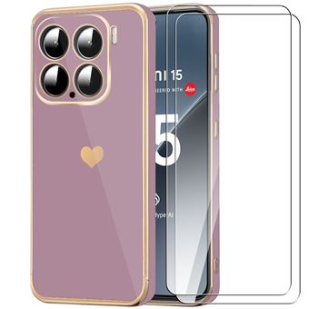 Coque pour Xiaomi 15, Protection avec Motif Cœur Anti-Rayure Souple TPU Violet + 2 Verres Trempés - BOOLING - 1