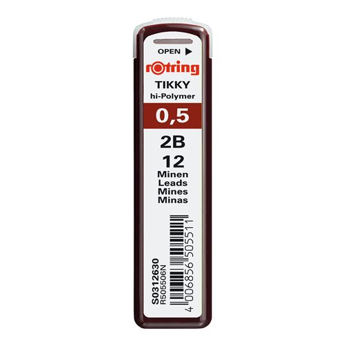 rOtring Tikky Recharge mines pour porte-mines, 0,5mm - 2B, étui de 12 mines