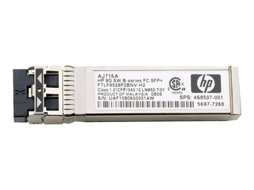 Hewlett-Packard Hpe B-Series - Module Transmetteur Sfp+ - Fibre Channel 8Go (Sw) - Canal à Fibre Optique - pour Brocade 16Gb/12, 16Gb/24; Hpe 8/24, 8/8; Storefabric Sn4000, Sn6500, Sn8600B 4-Slot