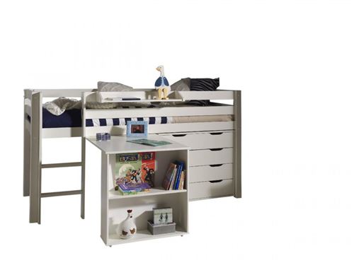 Lit mezzanine + bureau + commode 4T blanc - PINO