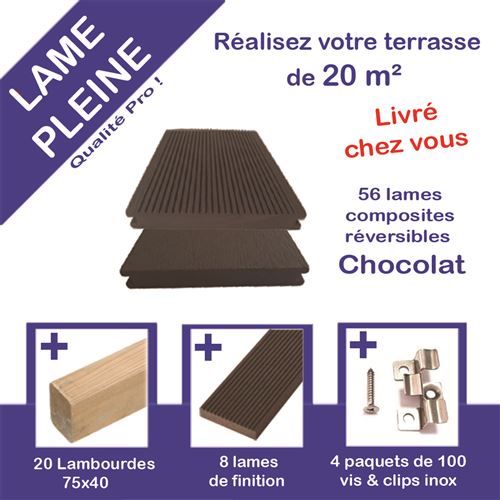 Pack complet 20 m² lame de terrasse composite PLEINE Chocolat - Green Outside - P20LTP2600X1C