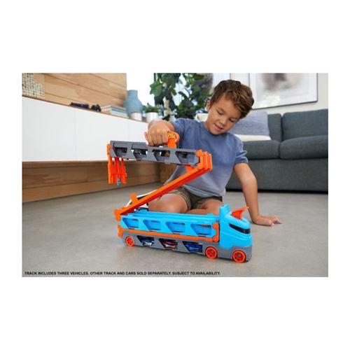 Camion Transporteur Hot Wheels Extensible - Piste De Course 182cm Avec 3 Voitures - Range Jusqu'à 20 Véhicules